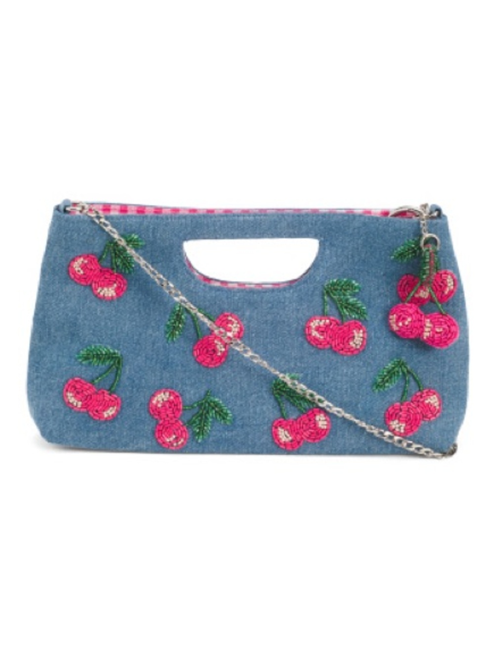 Denim Cherry Embellished Shoulder Clutch - Pink Cherry
